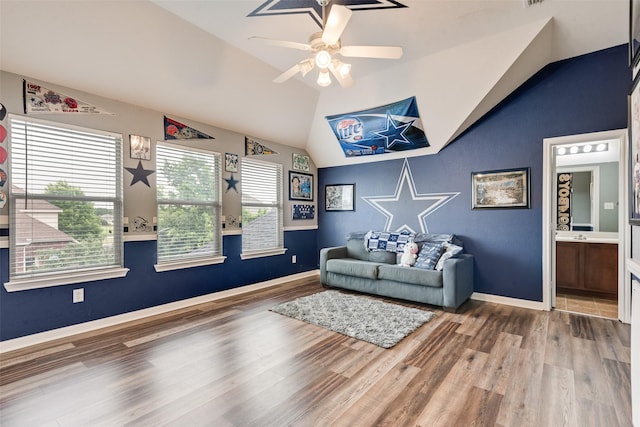 11808 Warbler Ln, Fort Worth, TX 76244 - living room with vaulted ceiling, wood finished floors, ceiling fan, and baseboards