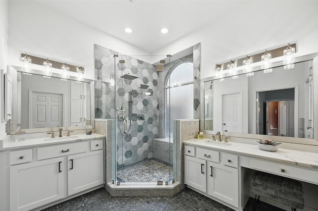 1408 Placer Dr, Allen, TX 75013 - full bathroom featuring two vanities, a stall shower, recessed lighting, and granite tiled floors