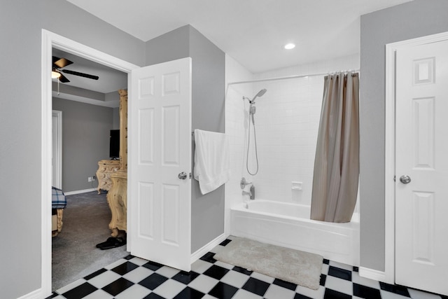 1211 Plateau Dr, Duncanville, TX 75116 - bathroom featuring tile patterned floors, shower / tub combo with curtain, a ceiling fan, baseboards, and recessed lighting