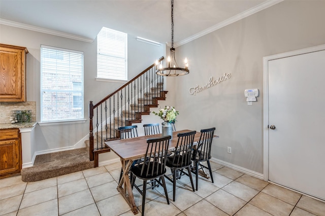 439 Fox Trl, Allen, TX 75002 - dining area with light tile patterned flooring, crown molding, stairway, a chandelier, and baseboards