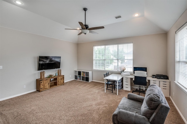 439 Fox Trl, Allen, TX 75002 - living area featuring vaulted ceiling, healthy amount of natural light, carpet floors, a ceiling fan, and recessed lighting