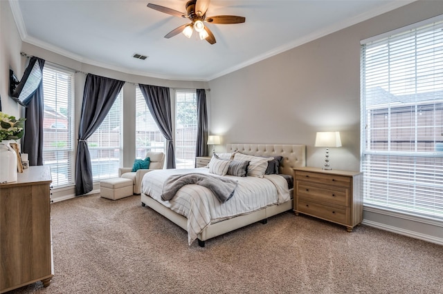 439 Fox Trl, Allen, TX 75002 - bedroom with light carpet, ornamental molding, multiple windows, and a ceiling fan