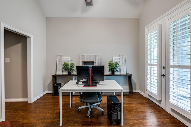 439 Fox Trl, Allen, TX 75002 - office space featuring dark wood-type flooring, baseboards, lofted ceiling, and french doors