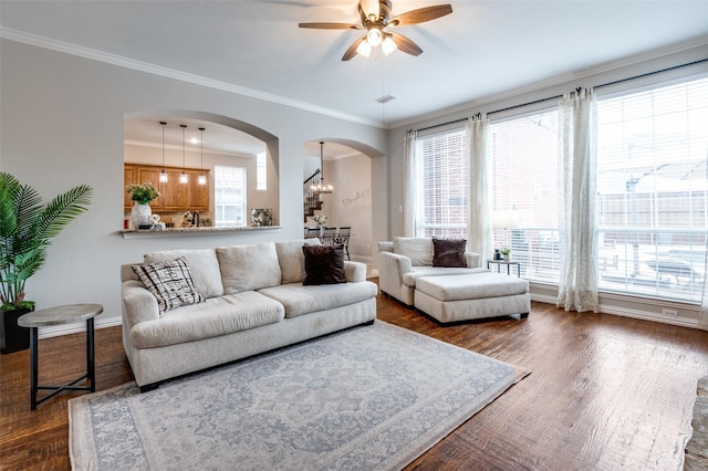 439 Fox Trl, Allen, TX 75002 - living room with arched walkways, a ceiling fan, dark wood-style flooring, ornamental molding, and baseboards