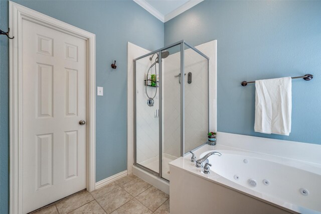 417 Fox Trl, Allen, TX 75002 - bathroom featuring a jetted tub, a stall shower, tile patterned flooring, and ornamental molding