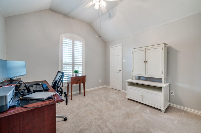417 Fox Trl, Allen, TX 75002 - office space featuring a ceiling fan, lofted ceiling, light colored carpet, and baseboards