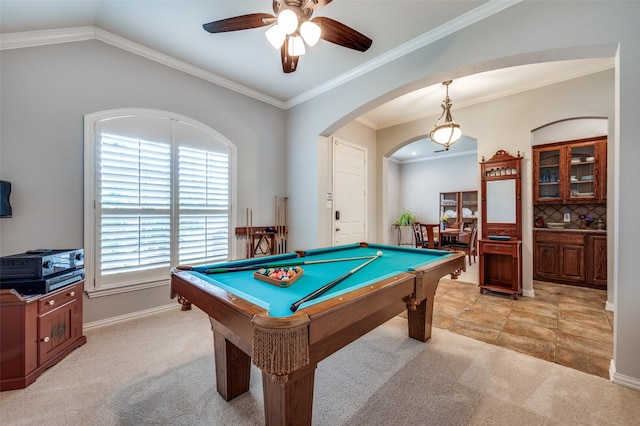 417 Fox Trl, Allen, TX 75002 - game room with light colored carpet, arched walkways, ceiling fan, crown molding, and pool table