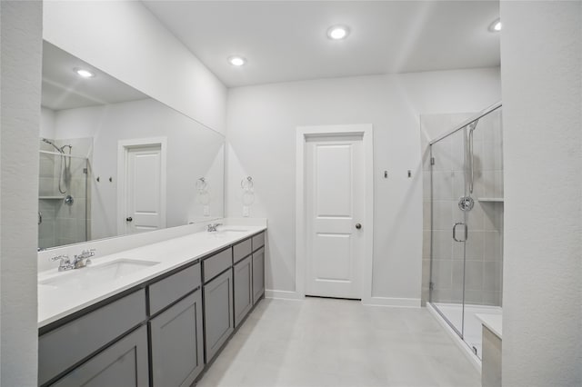 809 Vineyard Way, Forney, TX 75126 - full bath featuring a stall shower, double vanity, recessed lighting, and baseboards