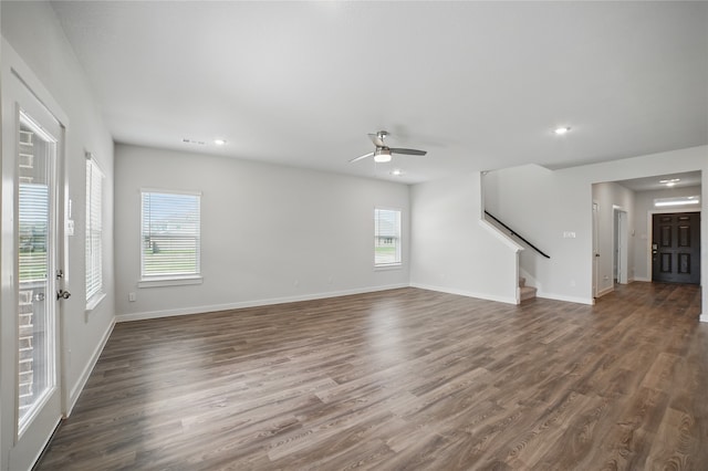 809 Vineyard Way, Forney, TX 75126 - unfurnished living room featuring stairway, plenty of natural light, recessed lighting, dark wood-type flooring, and ceiling fan