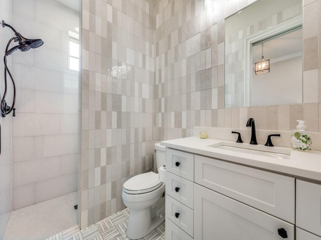 1545 Silver Creek Cir, Lucas, TX 75002 - bathroom with tile walls, vanity, walk in shower, and toilet