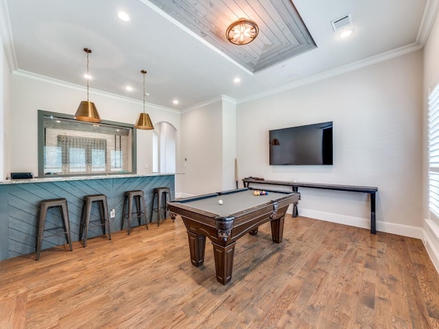 1545 Silver Creek Cir, Lucas, TX 75002 - rec room with wood finished floors, arched walkways, billiards table, baseboards, and crown molding