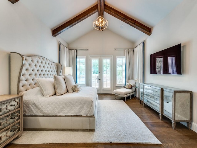 1545 Silver Creek Cir, Lucas, TX 75002 - bedroom featuring access to outside, wood finished floors, beamed ceiling, french doors, and high vaulted ceiling