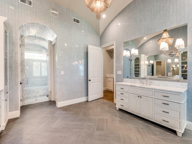 1545 Silver Creek Cir, Lucas, TX 75002 - full bath with a chandelier, vaulted ceiling, vanity, a stall shower, and baseboards