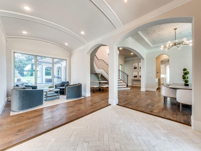 1545 Silver Creek Cir, Lucas, TX 75002 - foyer featuring baseboards, arched walkways, parquet flooring, and crown molding