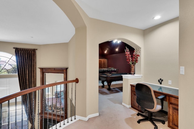 8 Calloway Ct, Mansfield, TX 76063 - office space with light colored carpet, arched walkways, pool table, baseboards, and recessed lighting