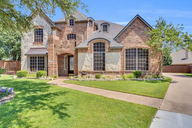 8 Calloway Ct, Mansfield, TX 76063 - french country home featuring stone siding, brick siding, and a shingled roof