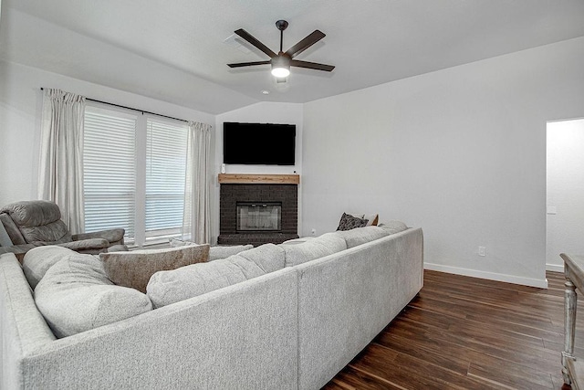 1117 Marcia Ln, Burleson, TX 76028 - living room featuring a ceiling fan, baseboards, dark wood finished floors, a fireplace, and lofted ceiling