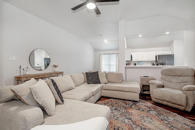 1117 Marcia Ln, Burleson, TX 76028 - living area with vaulted ceiling, ceiling fan, and wood finished floors