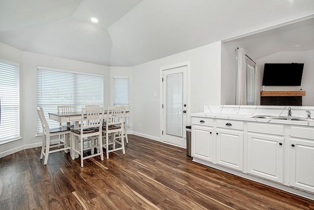 1117 Marcia Ln, Burleson, TX 76028 - dining area featuring lofted ceiling, dark wood-style floors, and baseboards