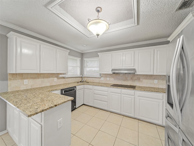 7900 Marsh Ct, Fort Worth, TX 76123 - kitchen featuring appliances with stainless steel finishes, under cabinet range hood, a sink, a peninsula, and white cabinets