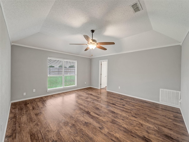 7900 Marsh Ct, Fort Worth, TX 76123 - spare room featuring ceiling fan, dark wood-type flooring, crown molding, a textured ceiling, and vaulted ceiling