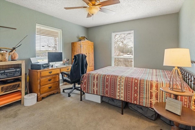 1320 Laredo Dr, Granbury, TX 76048 - carpeted bedroom with multiple windows, a textured ceiling, a desk, and ceiling fan
