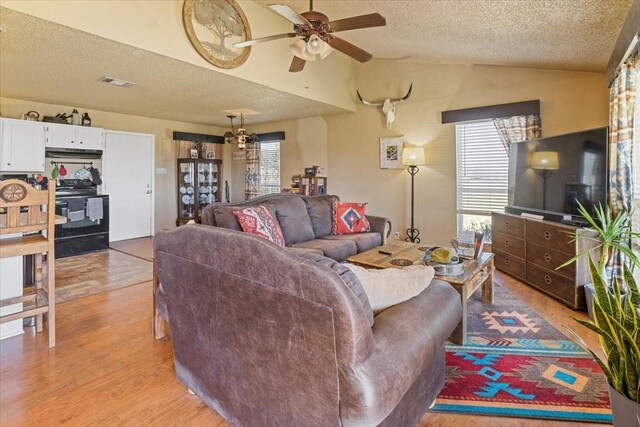 1320 Laredo Dr, Granbury, TX 76048 - living area featuring lofted ceiling, a textured ceiling, ceiling fan, healthy amount of natural light, and light wood-type flooring
