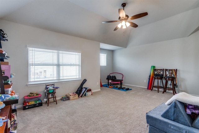 1421 Cedar Creek Dr, Anna, TX 75409 - playroom with a ceiling fan, carpet flooring, vaulted ceiling, and baseboards
