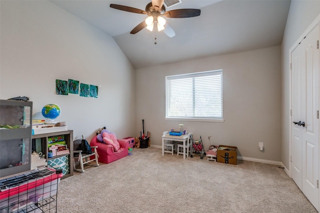 1421 Cedar Creek Dr, Anna, TX 75409 - game room featuring carpet flooring, lofted ceiling, a ceiling fan, and baseboards