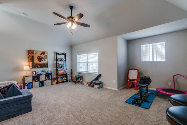 1421 Cedar Creek Dr, Anna, TX 75409 - game room featuring healthy amount of natural light, carpet, ceiling fan, vaulted ceiling, and baseboards