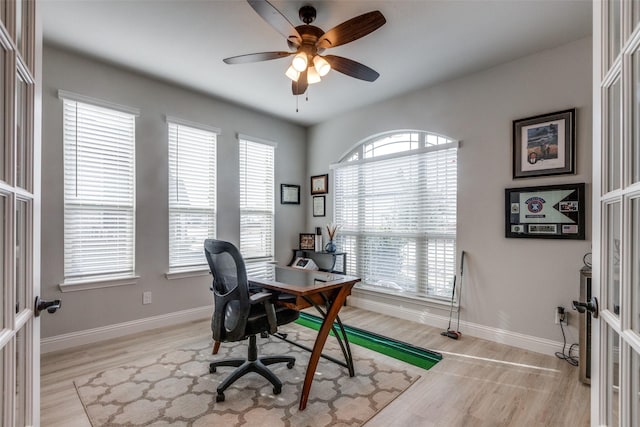 1421 Cedar Creek Dr, Anna, TX 75409 - office area featuring ceiling fan, light wood-style flooring, and baseboards