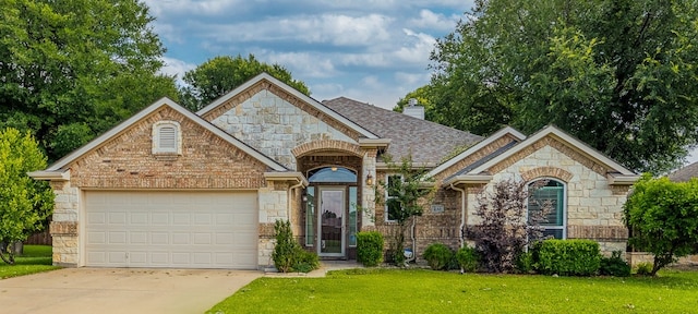 230 Mitchell Blvd, Weatherford, TX 76087 - french country inspired facade with stone siding, a garage, a front lawn, and concrete driveway