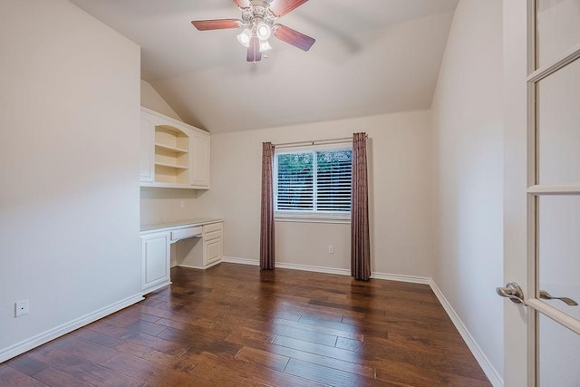 230 Mitchell Blvd, Weatherford, TX 76087 - unfurnished living room featuring ceiling fan, vaulted ceiling, dark wood-style flooring, and baseboards
