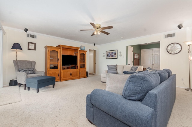 1621 Villanova Dr, Richardson, TX 75081 - living room with light carpet, a ceiling fan, crown molding, and baseboards