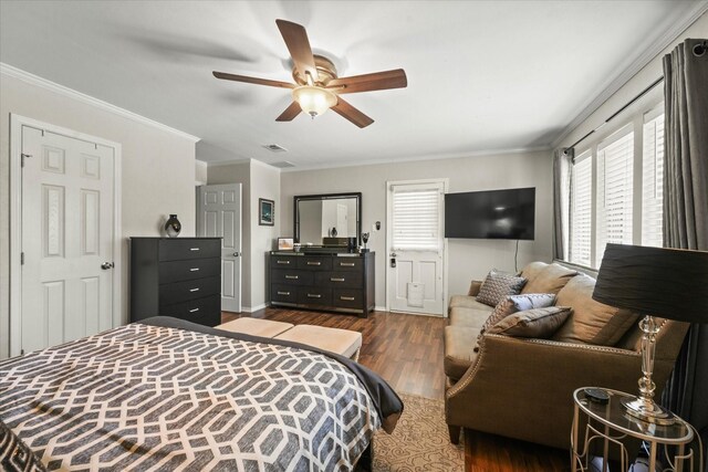 3701 Knob Hill Dr, Plano, TX 75023 - bedroom featuring wood finished floors, ornamental molding, and a ceiling fan