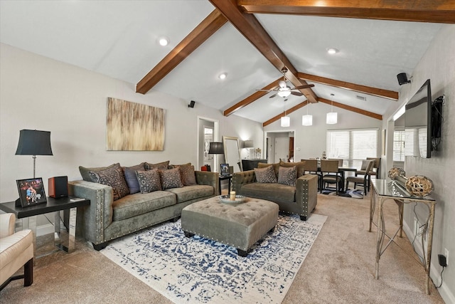 3701 Knob Hill Dr, Plano, TX 75023 - living room with light colored carpet, recessed lighting, a ceiling fan, and baseboards