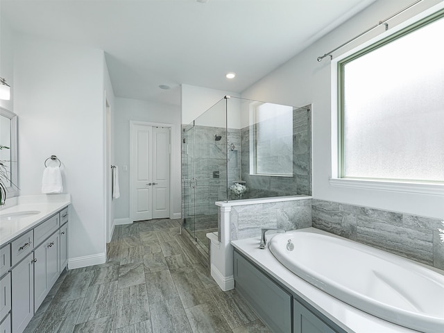1551 Sweetwater Ln, Prosper, TX 75078 - full bath with a garden tub, vanity, a shower stall, and recessed lighting