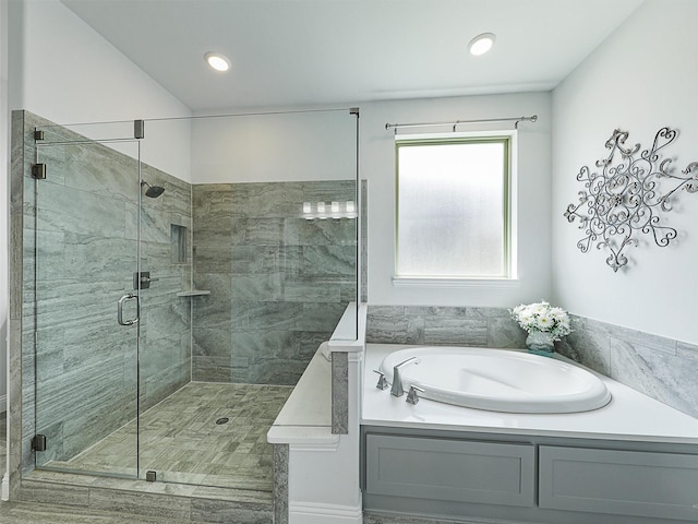 1551 Sweetwater Ln, Prosper, TX 75078 - full bathroom with a bath, a stall shower, and recessed lighting