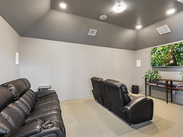 1551 Sweetwater Ln, Prosper, TX 75078 - carpeted home theater room featuring vaulted ceiling and recessed lighting