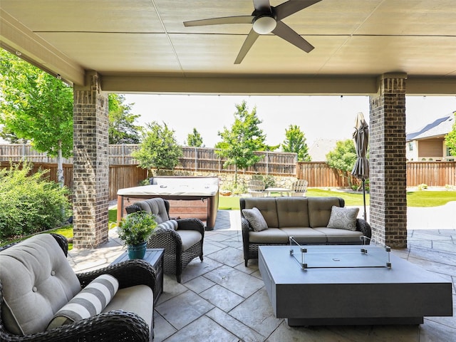 1551 Sweetwater Ln, Prosper, TX 75078 - fenced backyard featuring an outdoor living space, a patio area, and a ceiling fan