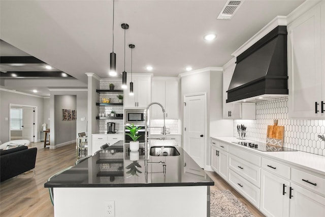 80 Dublin Cir, Gordonville, TX 76245 - kitchen featuring a sink, appliances with stainless steel finishes, custom exhaust hood, ornamental molding, and open shelves