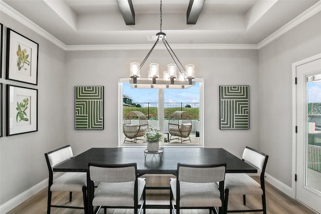 80 Dublin Cir, Gordonville, TX 76245 - dining area with wood finished floors, a chandelier, beam ceiling, and baseboards