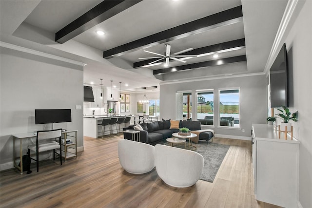 80 Dublin Cir, Gordonville, TX 76245 - living room featuring baseboards, beamed ceiling, light wood-style flooring, recessed lighting, and ceiling fan