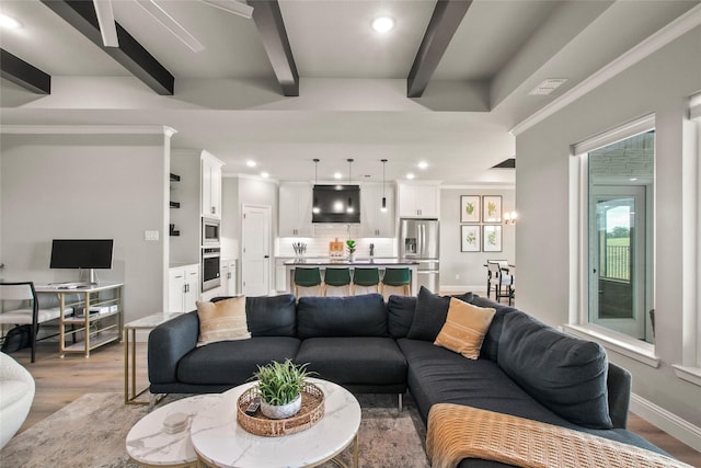 80 Dublin Cir, Gordonville, TX 76245 - living area featuring beamed ceiling, recessed lighting, light wood-type flooring, and baseboards