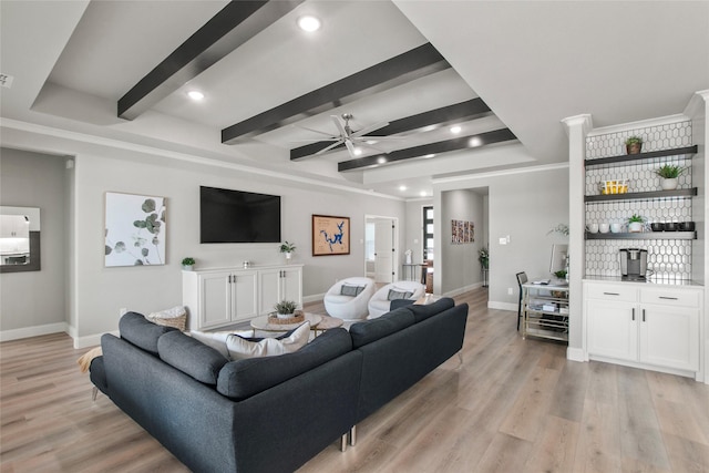 80 Dublin Cir, Gordonville, TX 76245 - living area with baseboards, light wood-type flooring, recessed lighting, bar, and beamed ceiling