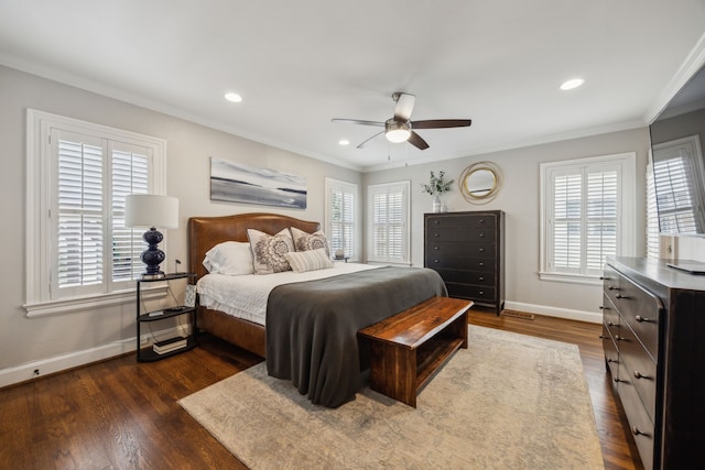 6443 Velasco Ave, Dallas, TX 75214 - bedroom featuring dark wood-type flooring, baseboards, crown molding, recessed lighting, and a ceiling fan