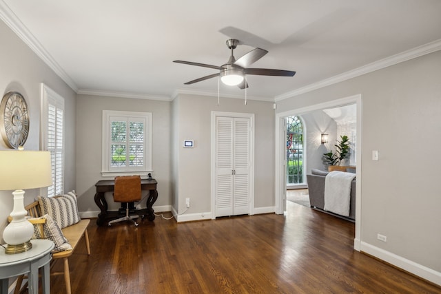 6443 Velasco Ave, Dallas, TX 75214 - office space featuring a ceiling fan, wood finished floors, crown molding, and baseboards