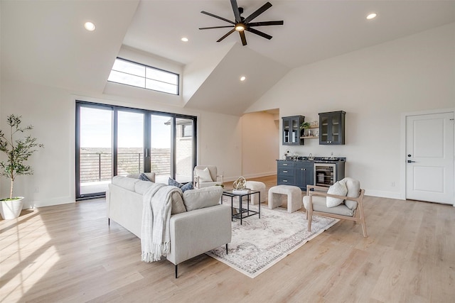 4513 Fair Creek Ter, Fort Worth, TX 76008 - living area with ceiling fan, baseboards, recessed lighting, light wood finished floors, and high vaulted ceiling