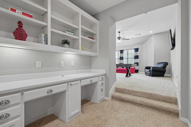 9008 Cypress Creek Rd, Lantana, TX 76226 - home office featuring built in desk, light colored carpet, a ceiling fan, and baseboards