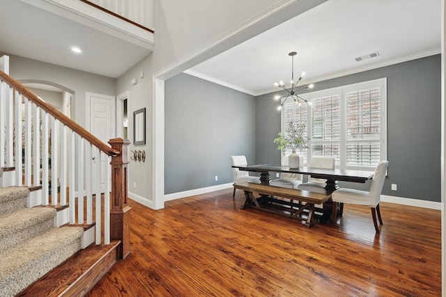 9008 Cypress Creek Rd, Lantana, TX 76226 - dining room with baseboards, dark wood-style floors, stairway, a chandelier, and crown molding
